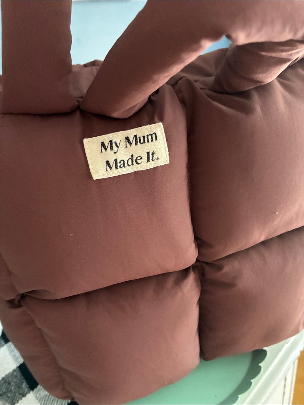 My Mum Made It Quilted Puffy Tote Bag in Brown - Picture 2 of 9